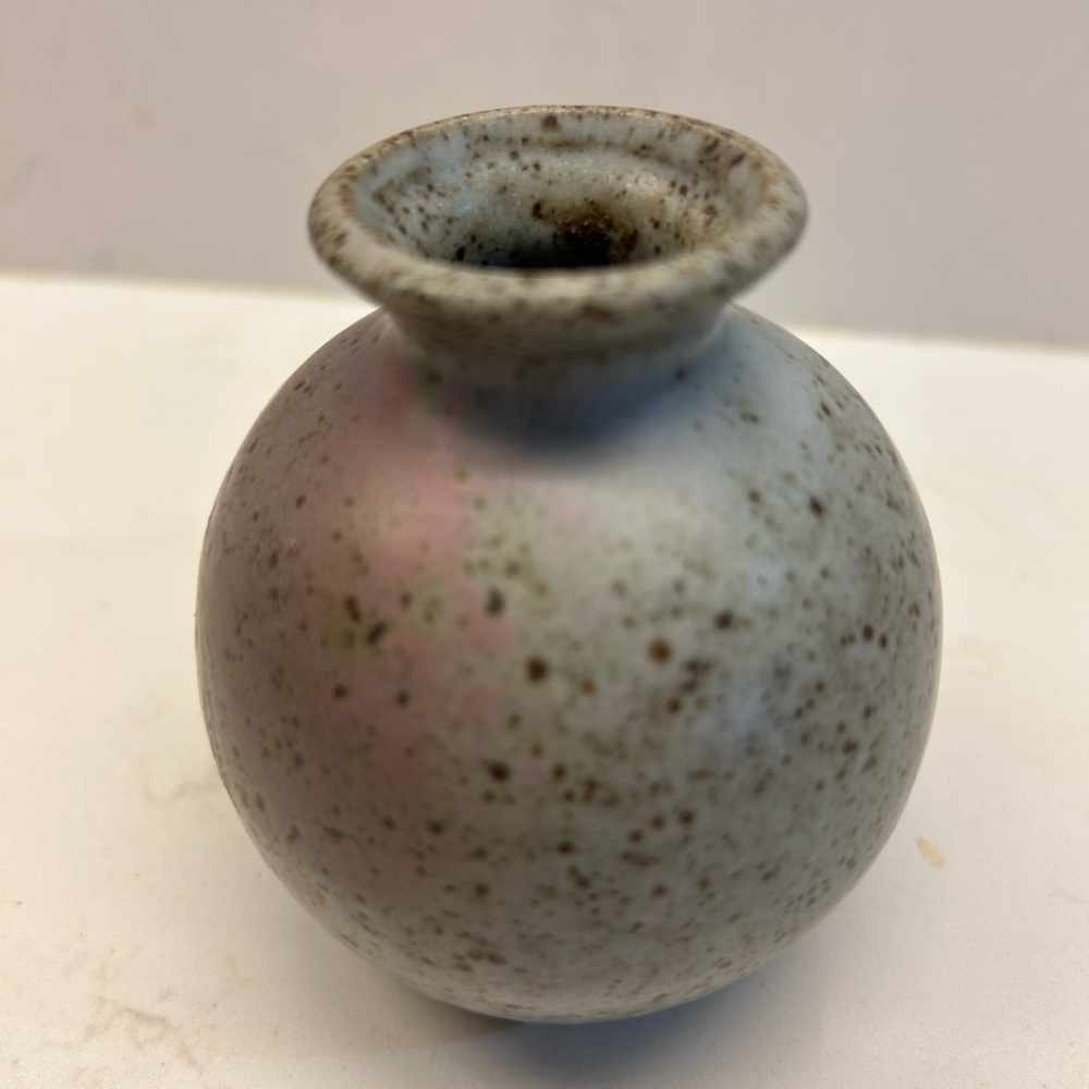 Miniature Ceramic Vase with brown, mauve tones and speckled.